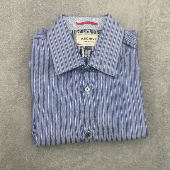 Ted Baker Archive Shirt Mens Size 16 Blue Striped Preppy Long Sleeve Herringbone - Picture 14 of 15